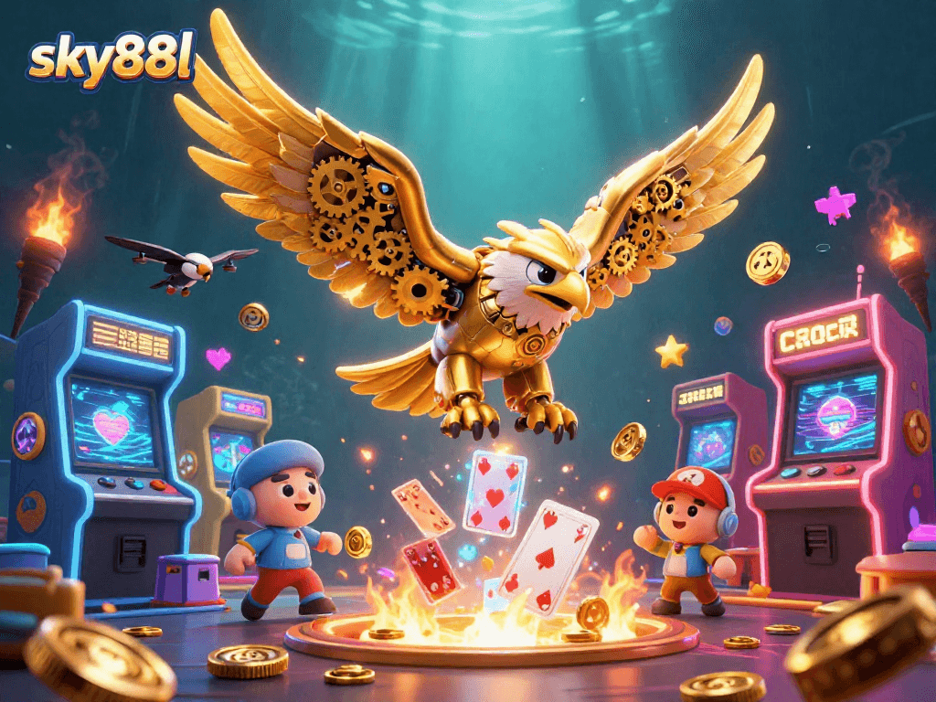 Experience thrilling gameplay at sky88l with a dynamic 3D casino scene featuring colorful game elements.