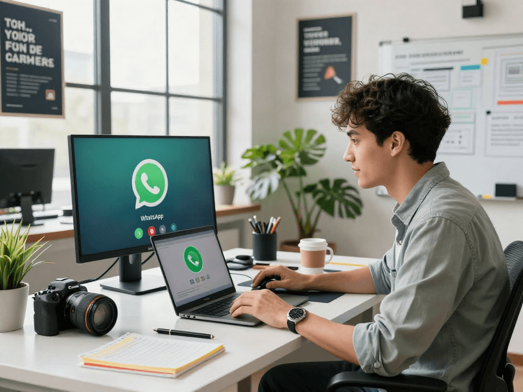Integrating gb WhatsApp in a modern workspace during a video call, showcasing tech gadgets and a creative atmosphere.