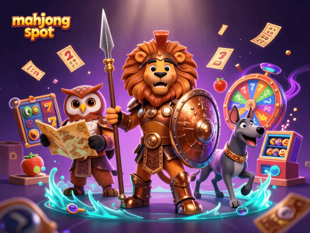 Mainkan mahjong slot dengan karakter menarik dan elemen permainan yang penuh warna, termasuk simbol jackpot.