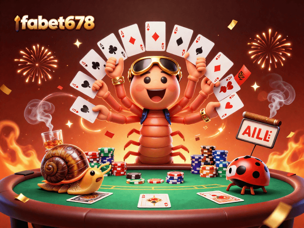 Engage in excitement at fabet678 with vivid poker action featuring a cartoon millipede dealer.
