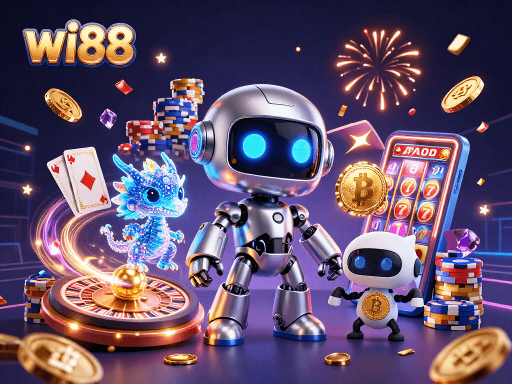 Experience the thrill of wi88 with vibrant casino elements, robots, and bitcoin in a dynamic gaming scene.
