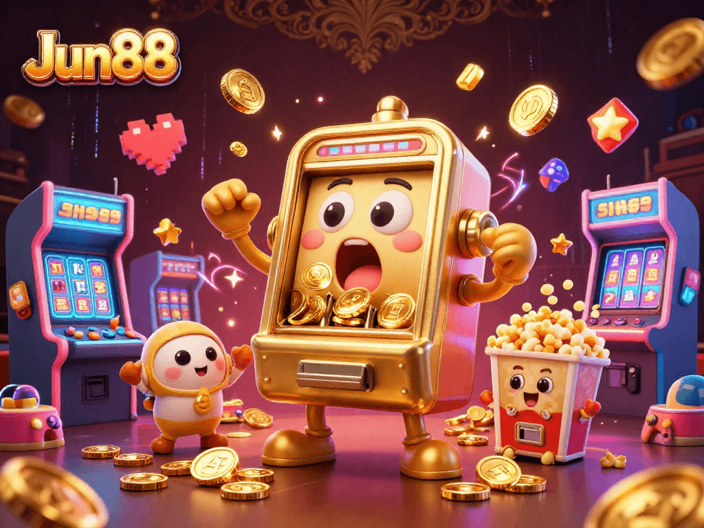 Experience thrilling wins at Jun88 with a vibrant illustration showcasing a jackpot-hitting slot machine surrounded by colorful games.