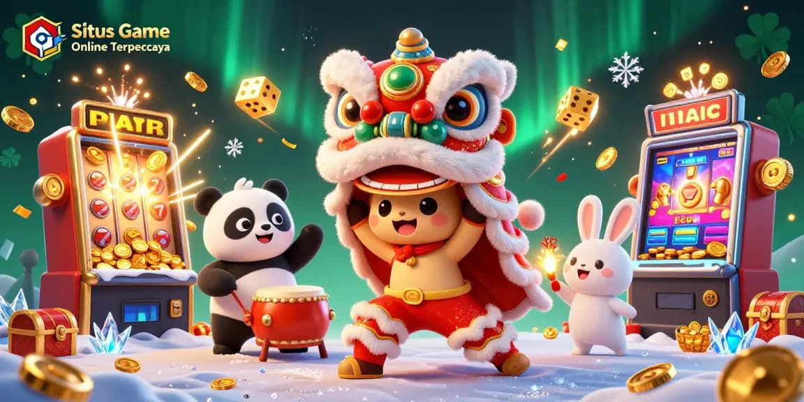 Situs Game Online Terpercaya showcases a lively casino scene with a lion dance, slot machine jackpots, and festive characters.