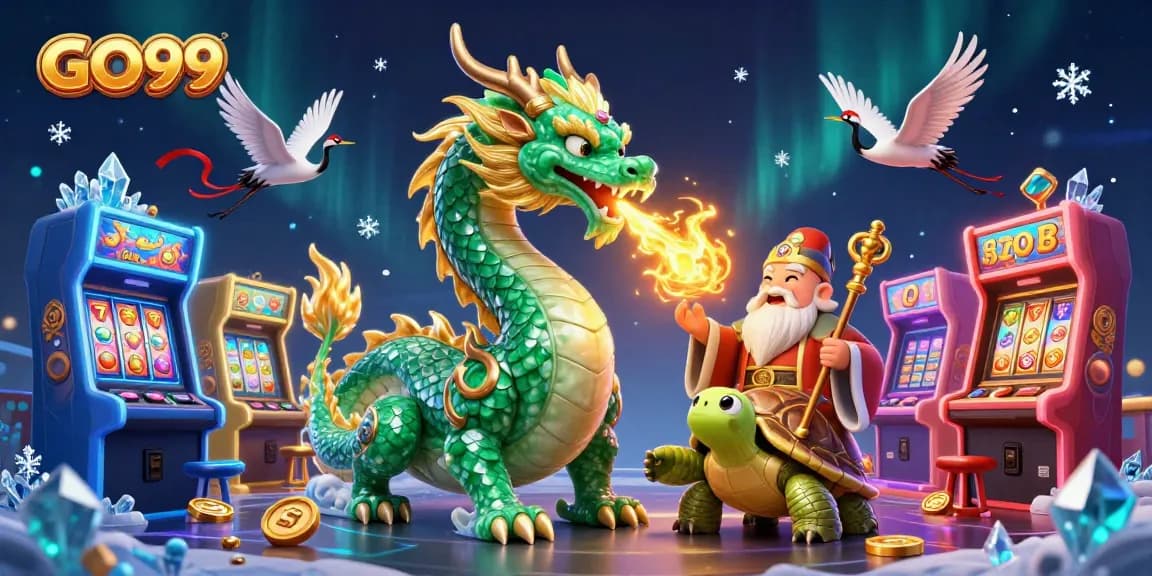Engage in the GO99 casino adventure with a vibrant fantasy scene featuring a jade dragon and lucky cranes.