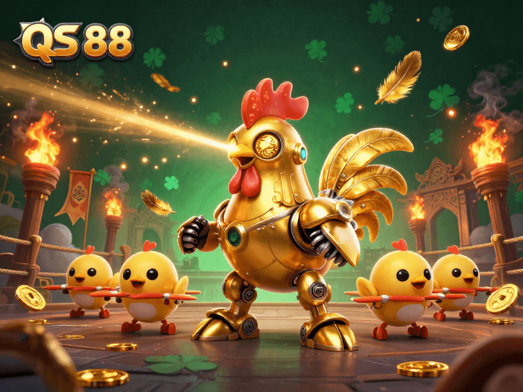 QS 88 features a dynamic golden rooster robot battling in a vibrant, futuristic casino arena.