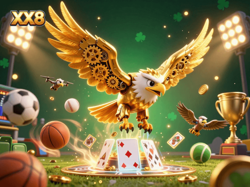 Experience thrilling sports betting action with XX8, featuring dynamic holographic cards and golden trophy elements.