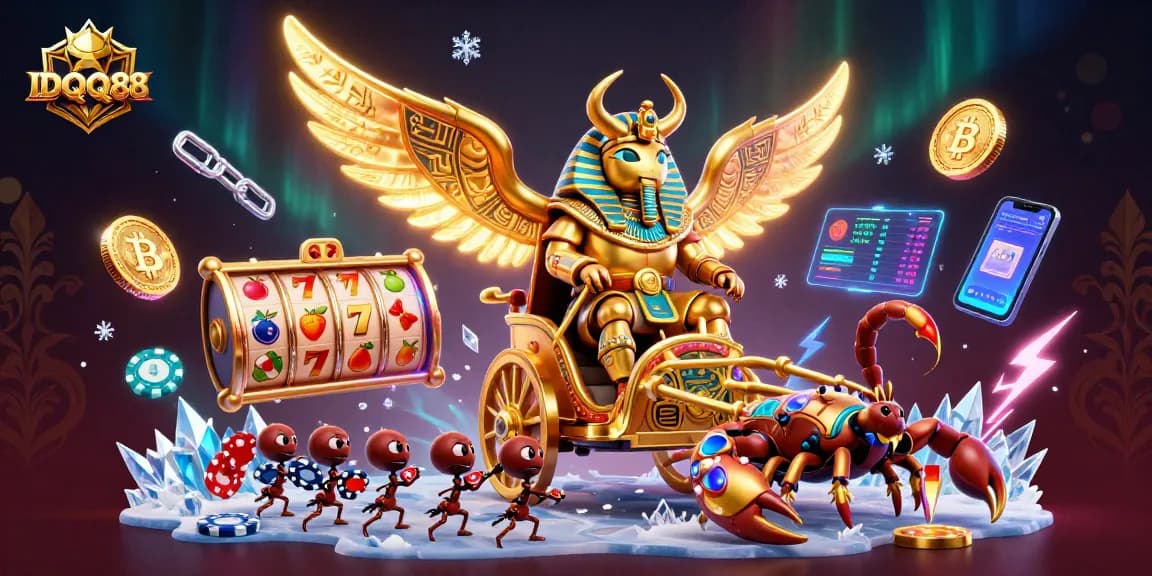 Spin and win with IDQQ88's vibrant slot-themed 3D illustration showcasing exciting gameplay.