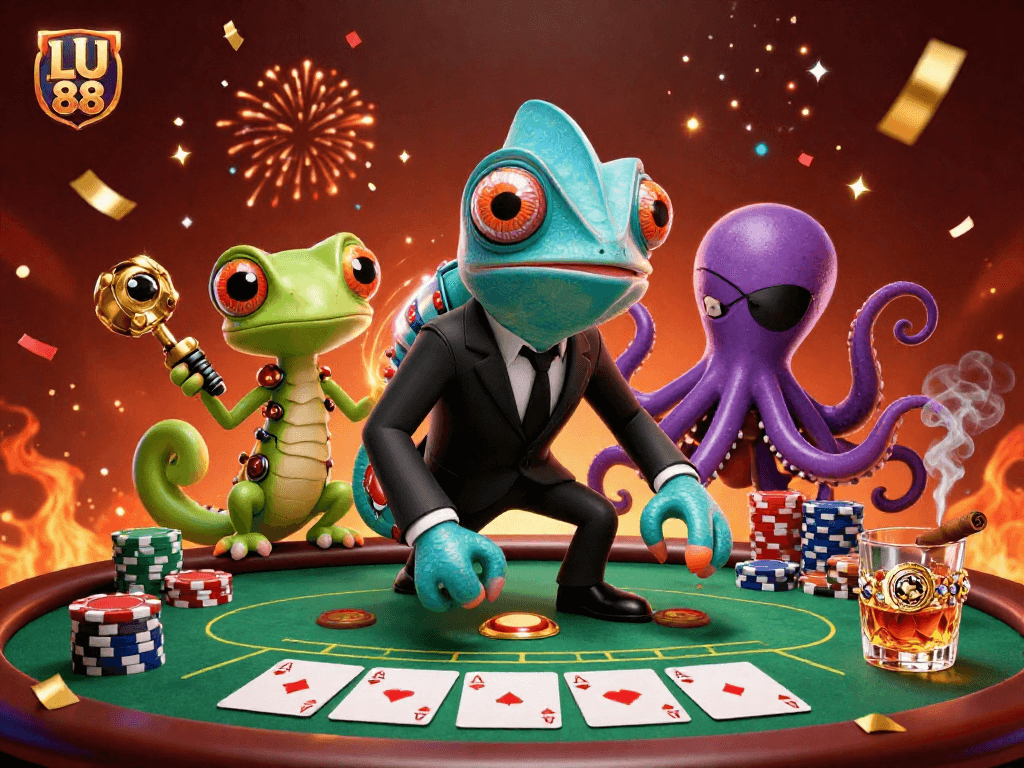 LU 88 captivating illustration showcasing a secret agent chameleon surrounded by poker elements, perfect for gaming enthusiasts.