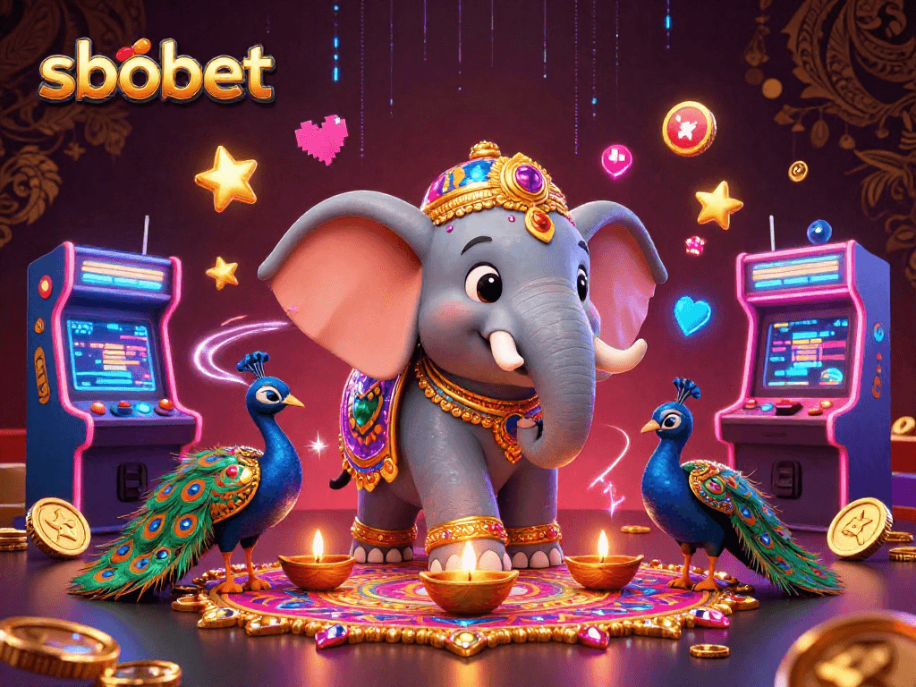 Engage with sbobet through vibrant 3D illustration featuring Hindi themed elements and gaming graphics.