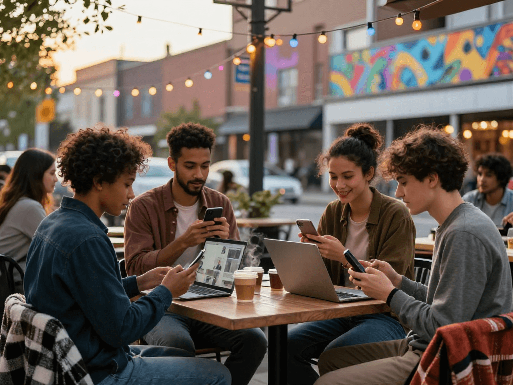 Engaging scene of people enjoying pink chat video conversations in a cozy café.