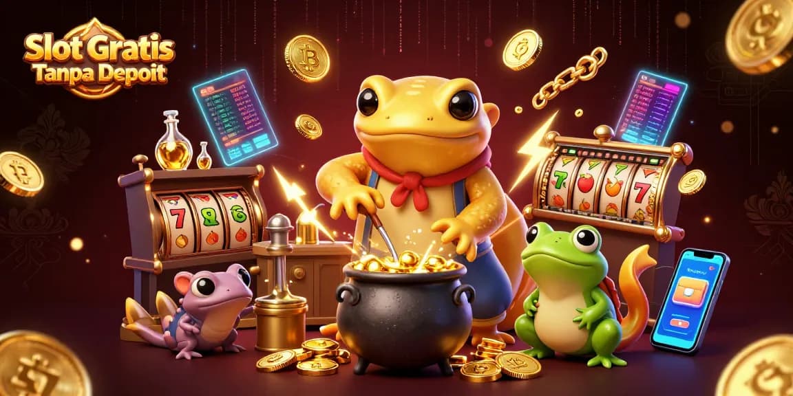 Engage with Slot Gratis Tanpa Deposit through vibrant slot reels and gold coins in a captivating casino scene.