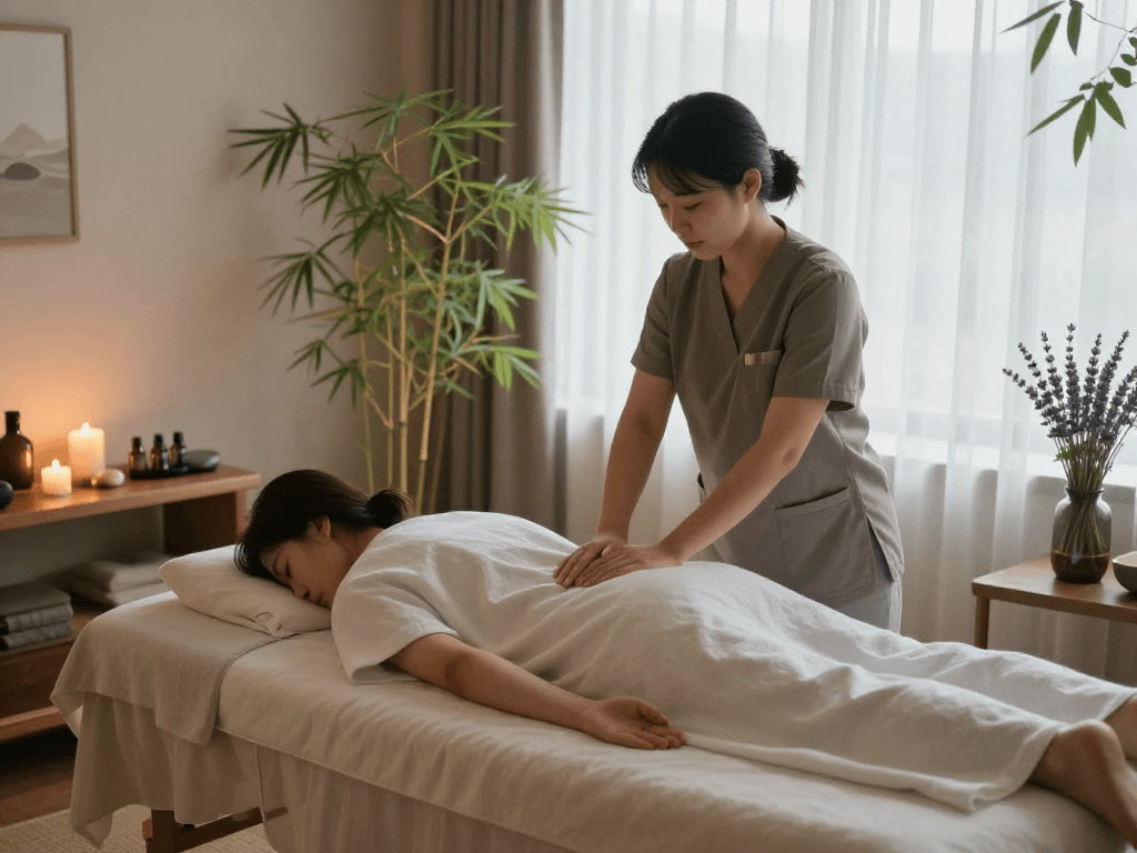 Expert 강동구출장마사지 therapy session in a calming wellness space with ambient lighting and soothing elements
