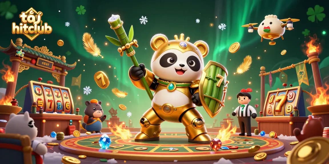 Engage with the exciting scene of tải hitclub where a golden panda fights in a casino arena filled with vibrant elements.