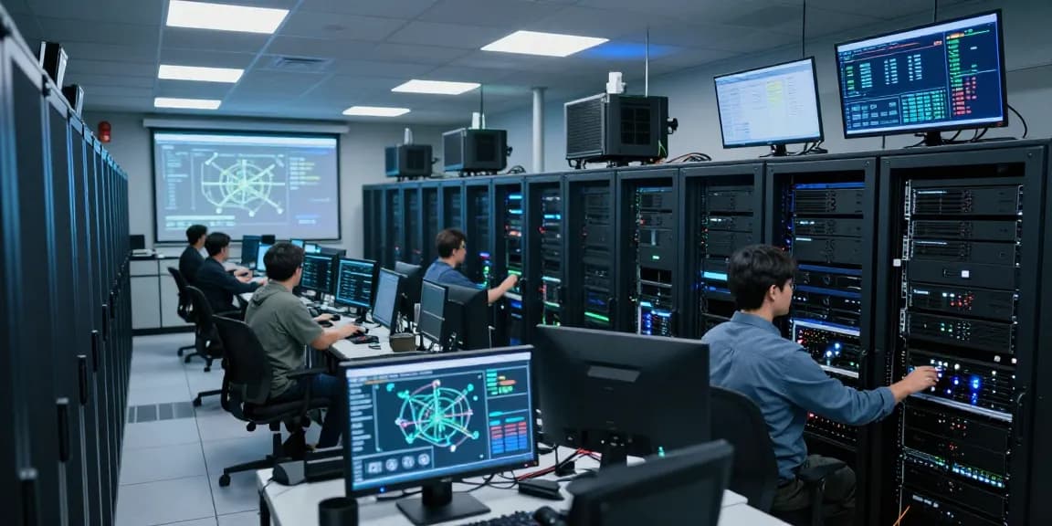 Configuración de servidores dedicados en México, en un moderno centro de datos con técnicos supervisando equipos.