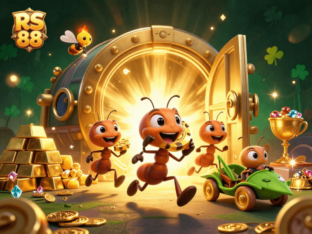 Experience RS 88 with a vibrant heist scene featuring cartoon ants and golden treasures in a dynamic underworld.