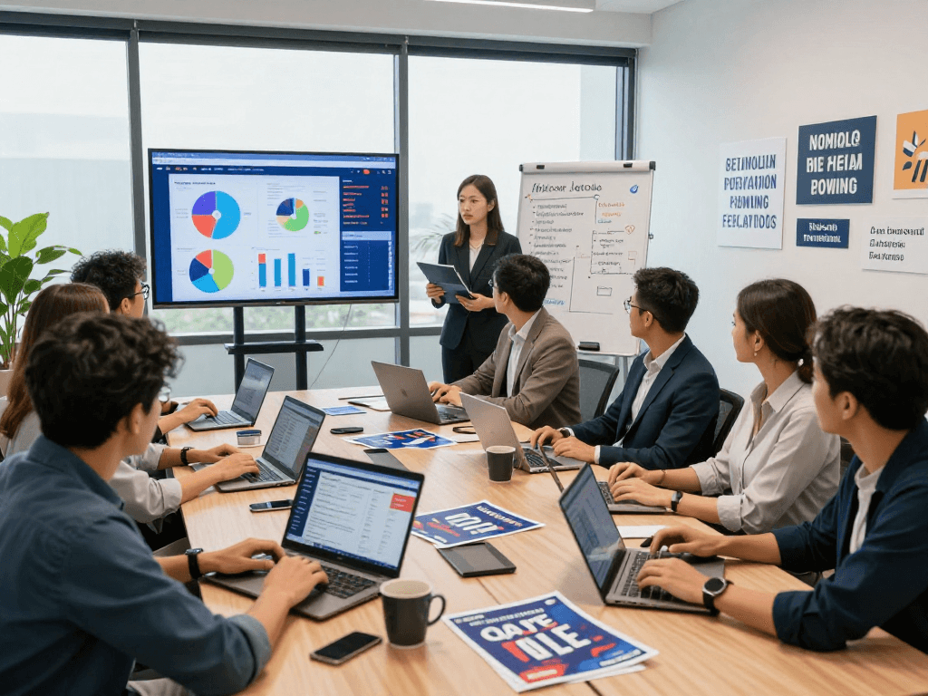 Harness online reputation management for candidates during a political strategy meeting, analyzing data and voter insights with a diverse team.