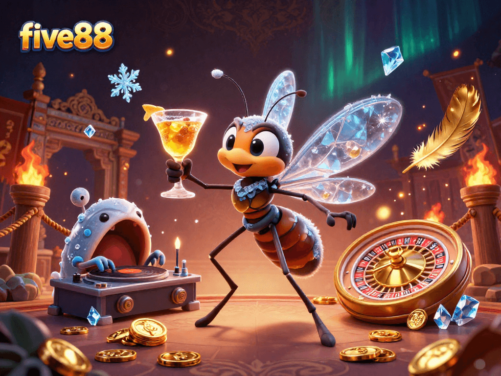 Experience the excitement of five88 with a dynamic casino scene featuring original characters in action.