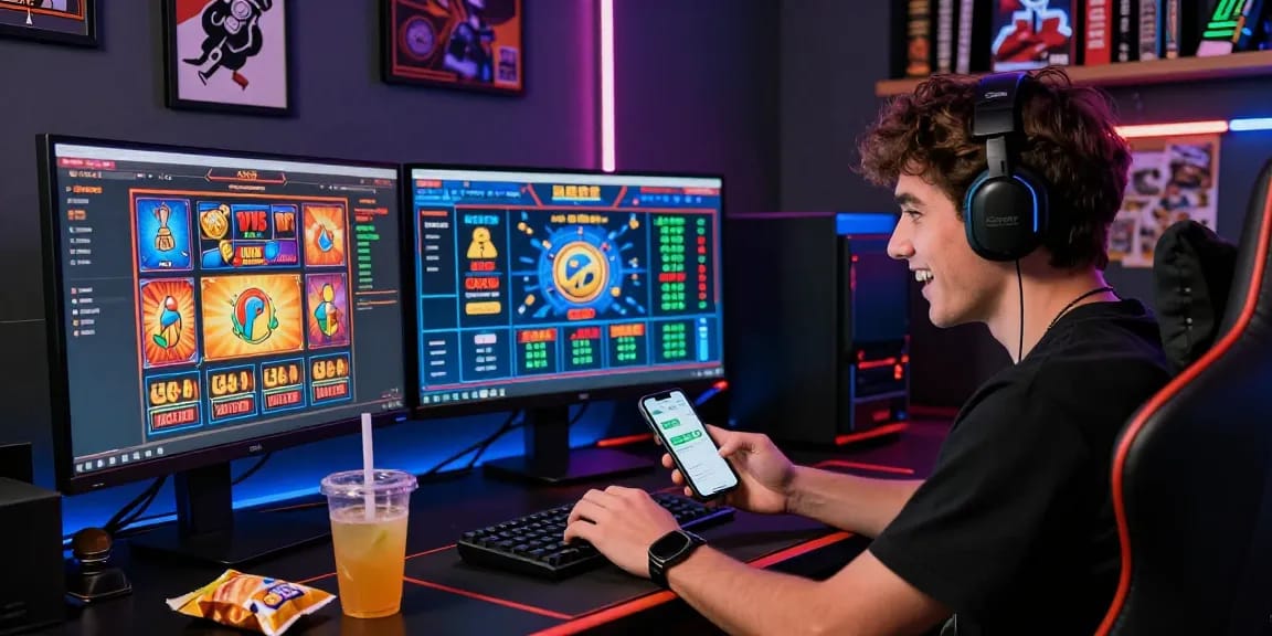 Online gaming atmosphere at https://www.modernrussia.com/mpocash/ with vibrant slot games and digital support, conveying excitement.