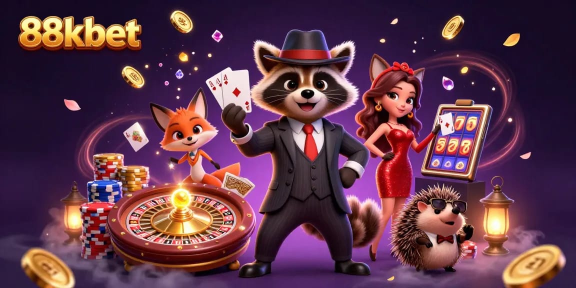 Experience the thrill of 88kbet with vibrant casino action led by raccoon, fox, and hedgehog characters.