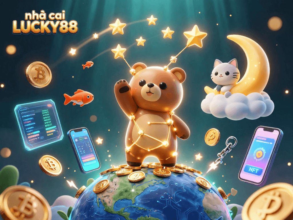 Engage with nhà cái LUCKY88's vibrant casino world filled with golden stars and dynamic crypto elements.