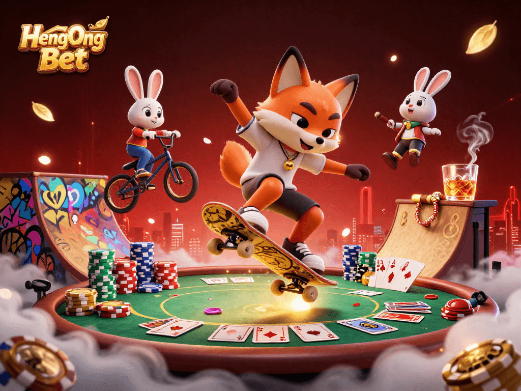 Heng Ong Bet showcases a dynamic scene with a skateboarder fox and BMX rabbit in a vibrant casino setting.