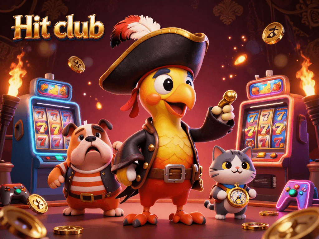 Engage with the vibrant Hit club scene featuring a pirate captain and his crew among dynamic casino elements.