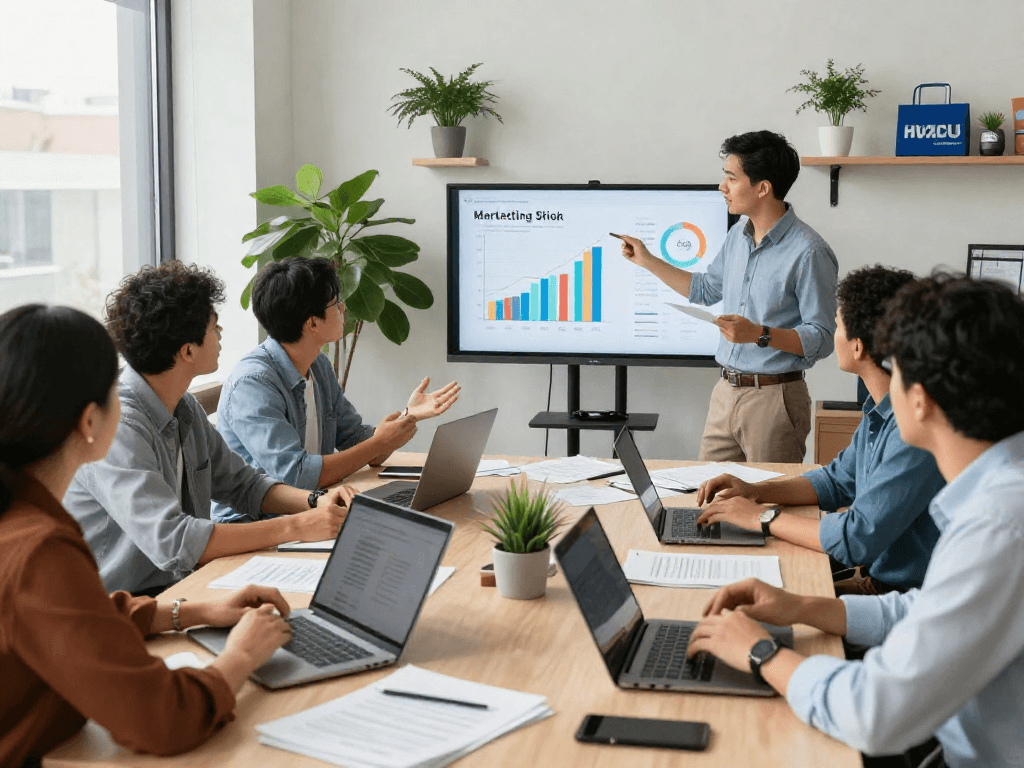 Dynamic office scene showcasing a team strategizing for an HVAC SEO company to boost local market visibility.