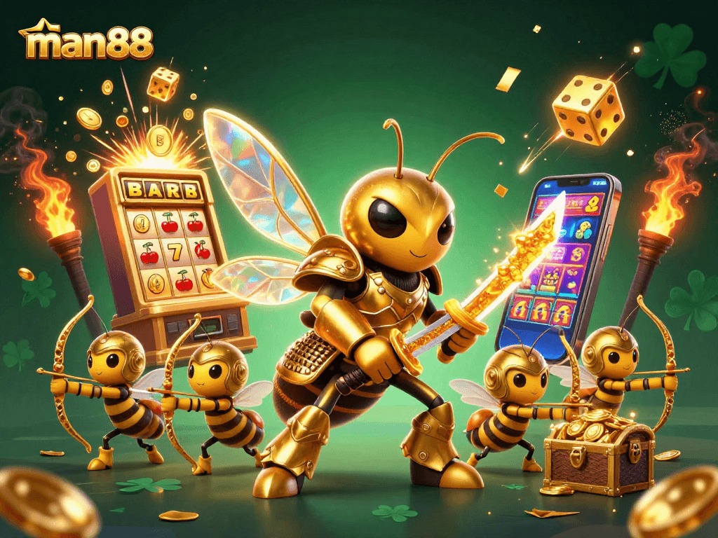 Join man88's epic casino adventure with a golden hornet samurai and vibrant slot machine explosion.