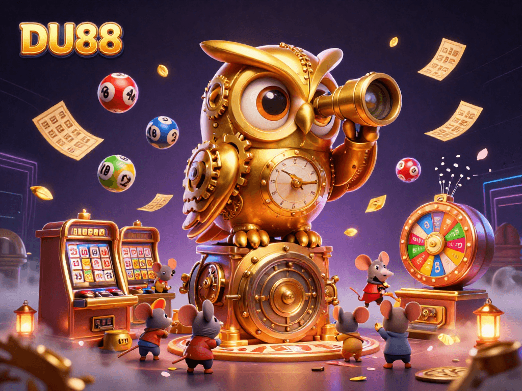 Engage with DU88's vibrant casino adventure featuring a golden owl and lottery elements.