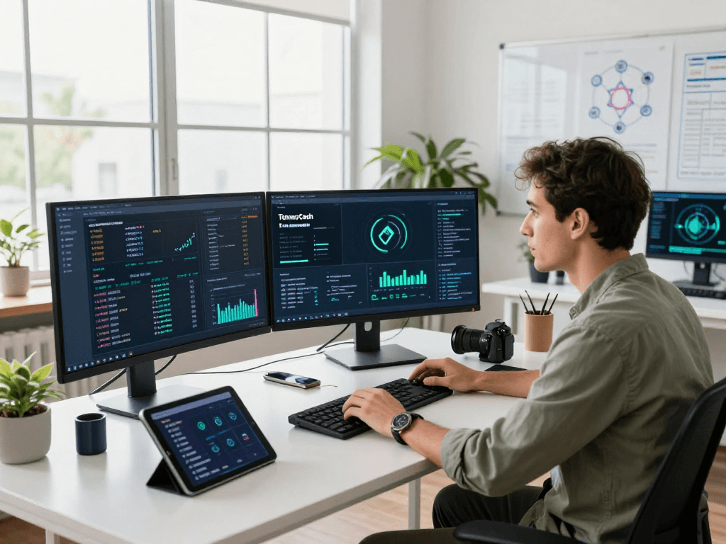 Tornado Cash fintech workspace with expert analyzing decentralized finance transactions