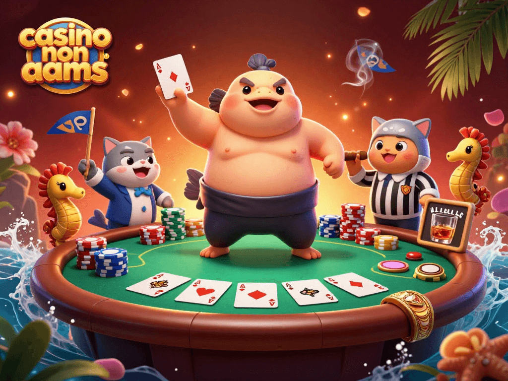 Immagine colorata di casino non aams con un pesce palla e un tavolo da poker vibrante.