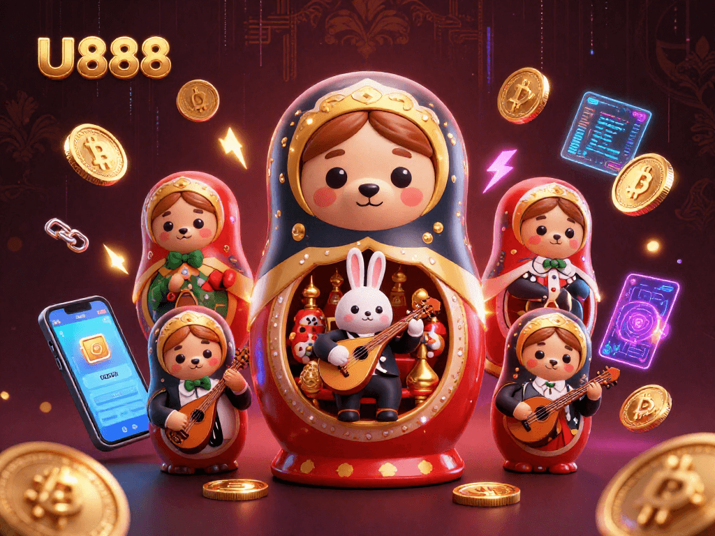 Engage with U888's vibrant casino scene featuring Russian Matryoshka bears and crypto elements