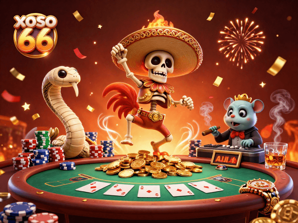 Xoso 66 hosts a lively casino scene featuring vibrant 3D cartoon characters in a poker celebration.