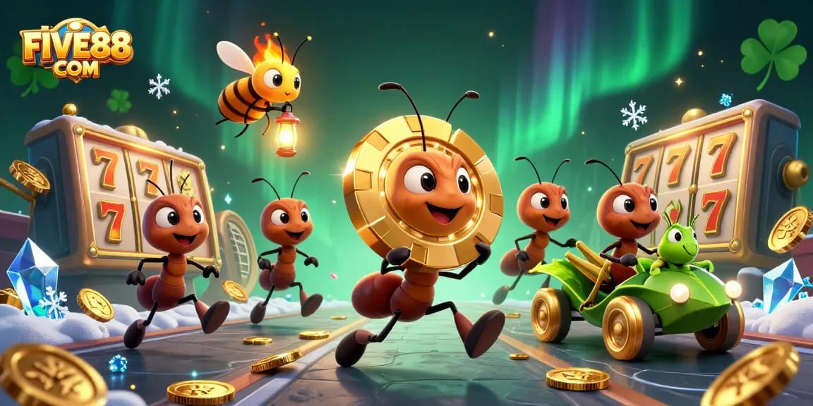 Join the excitement at FIVE88 COM with ants on a thrilling heist, surrounded by vibrant casino elements!