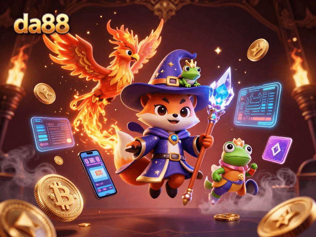 Experience thrilling gameplay with da88 in a magical casino realm, featuring a wizard fox, phoenix, and crypto coins.