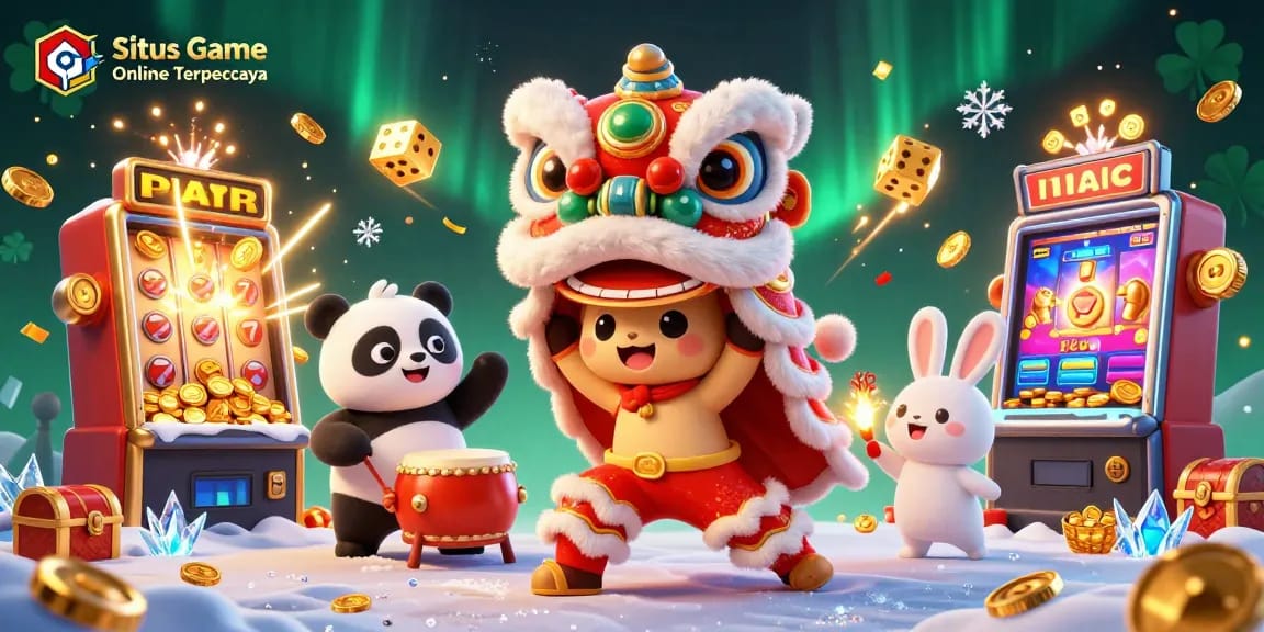Situs Game Online Terpercaya showcases a lively casino scene with a lion dance, slot machine jackpots, and festive characters.