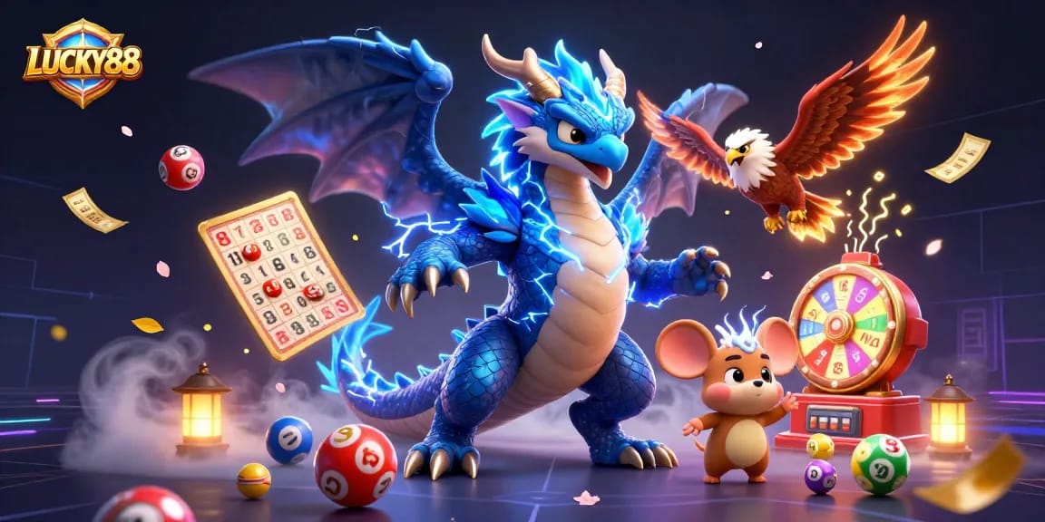 Experience the excitement of LUCKY88 with a thrilling casino scene showcasing vibrant games and energetic characters.