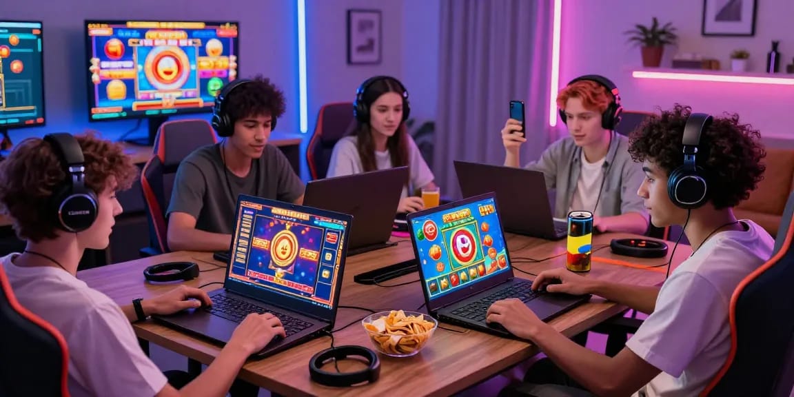 Gamers enjoying slot88 online slots in a vibrant home gaming room environment.