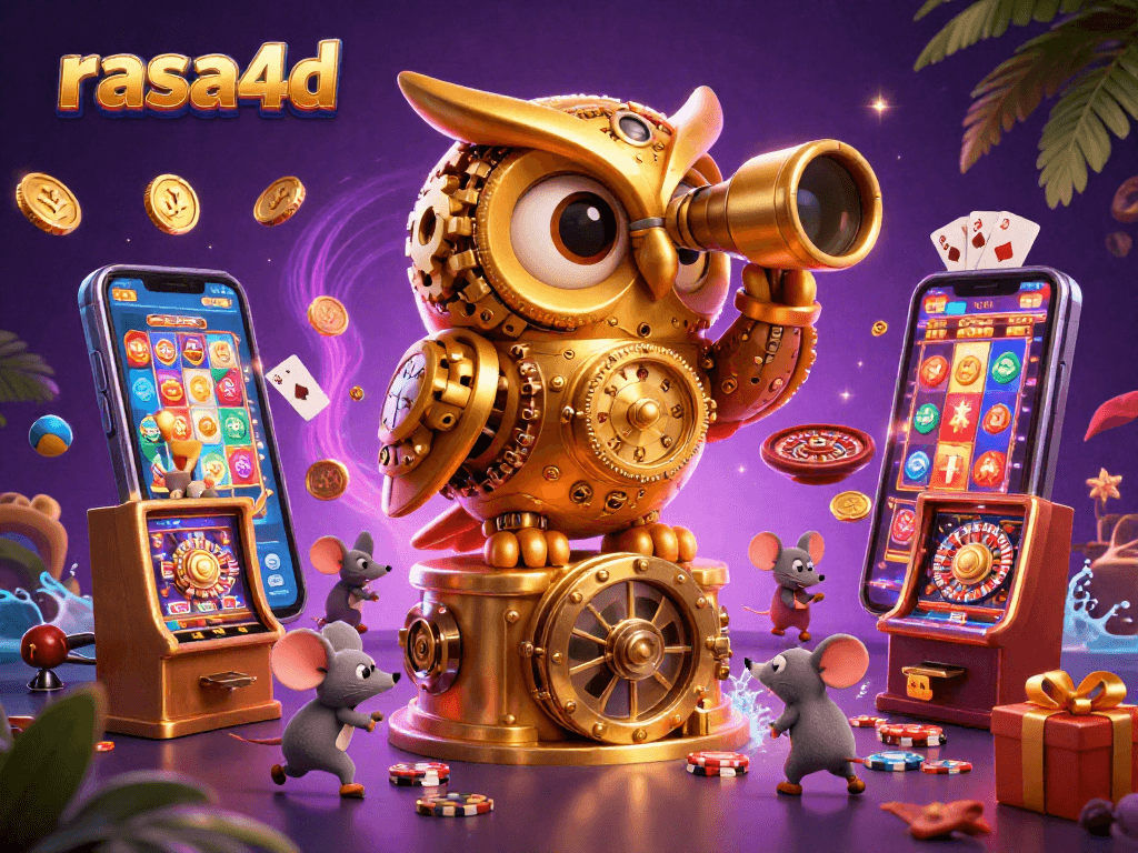 Gameplay menakjubkan dari rasa4d dengan simbol slot berkilau dan uang emas berhamburan.
