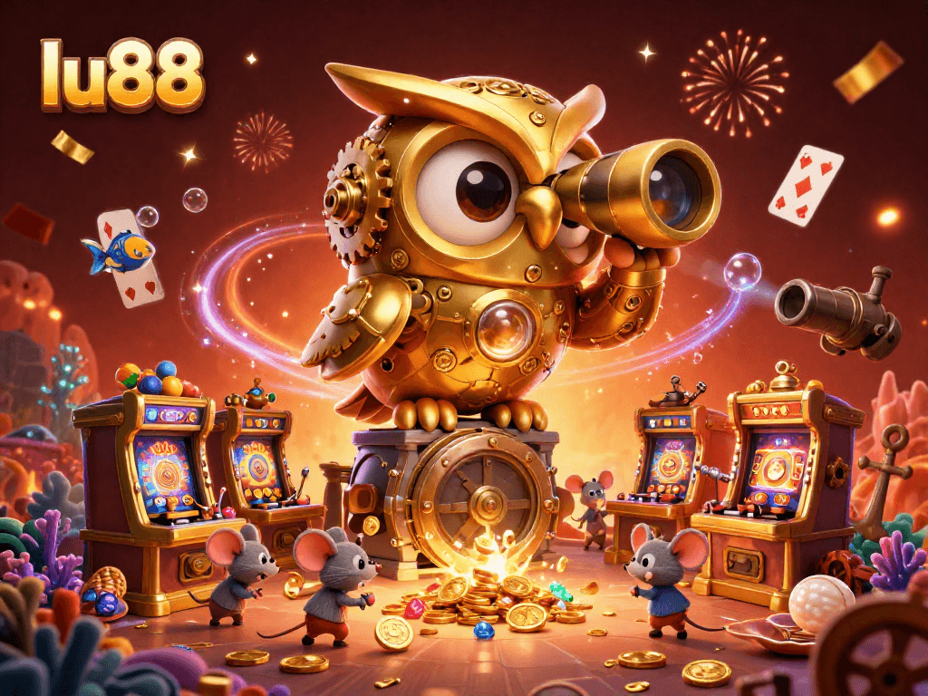Experience the excitement of lu88 with a golden owl guardian surveying a vibrant casino scene filled with stunning rewards.