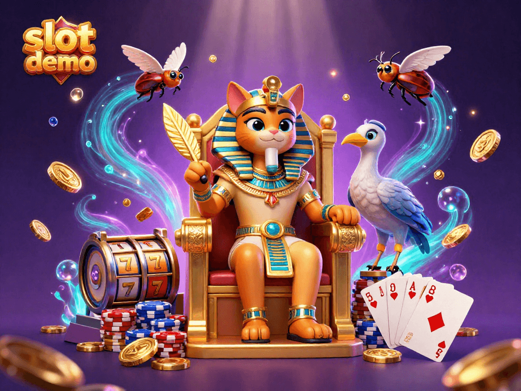 Permainkan slot demo dengan ilustrasi 3D kucing firaun dan elemen kasino berkilau untuk pengalaman yang mendebarkan