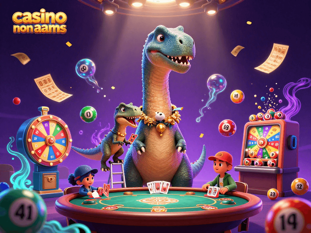 Immagine di una scena dinamica di un brontosauro nel casinò non aams, con palle della lotteria colorate che rimbalzano.
