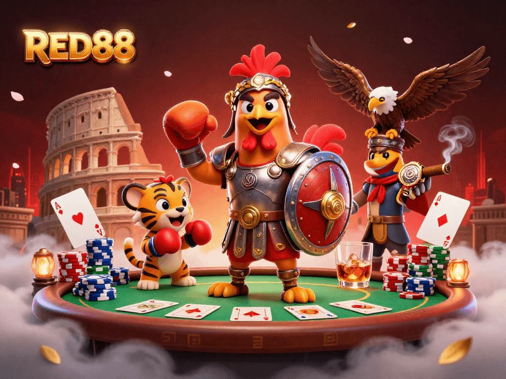 Play effectively at RED88 with a vibrant gambling scene full of poker elements and engaging characters.