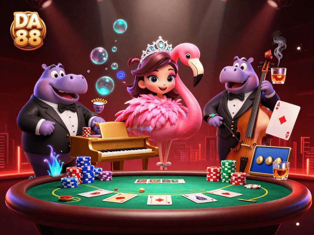Join the excitement at DA 88 with vibrant casino action featuring poker and lively characters.