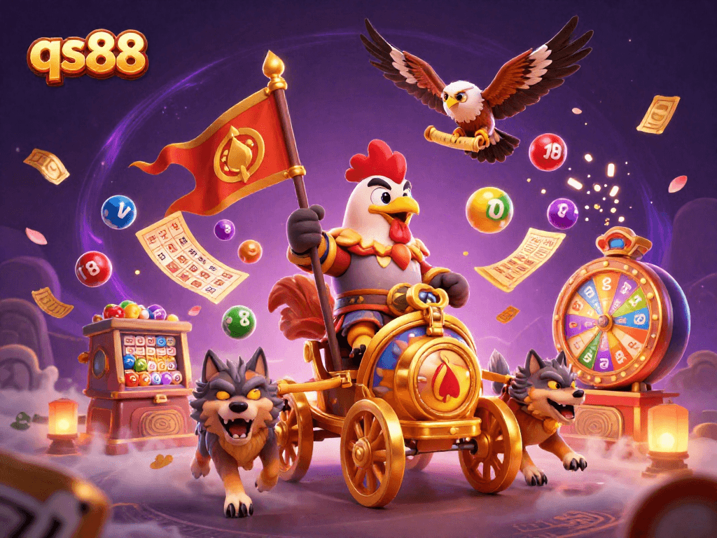 Experience thrilling gameplay at qs88 with a 3D cartoon rooster warlord and dynamic gambling elements.