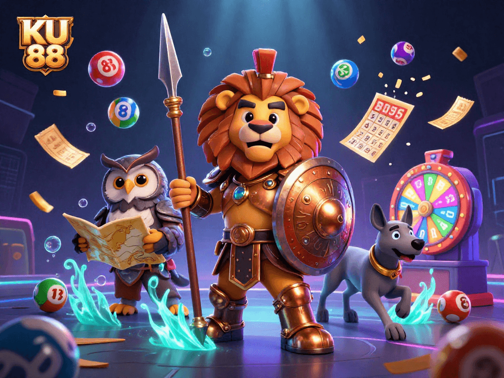 Experience the excitement of KU 88 as colorful lottery balls bounce around a vibrant casino scene.