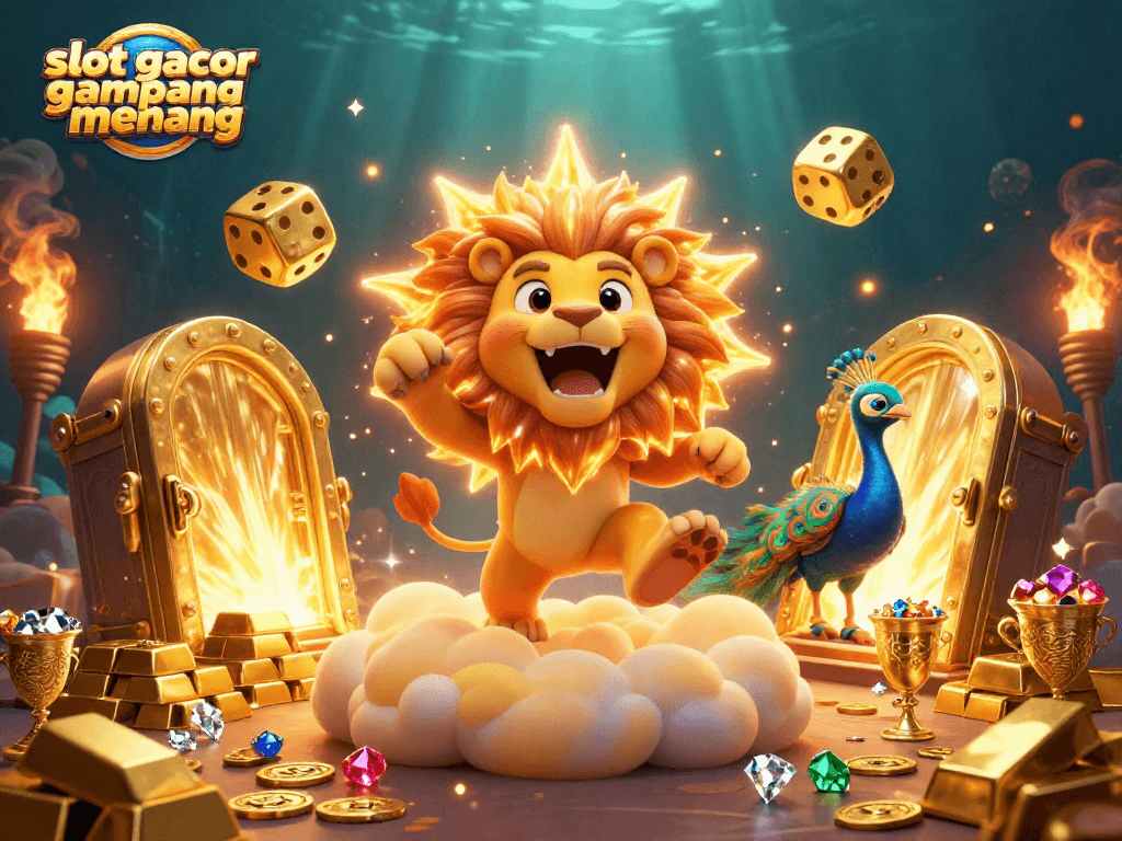Experience slot gacor gampang menang with a stunning visual of winning symbols, dice, and treasure in a casino scene.