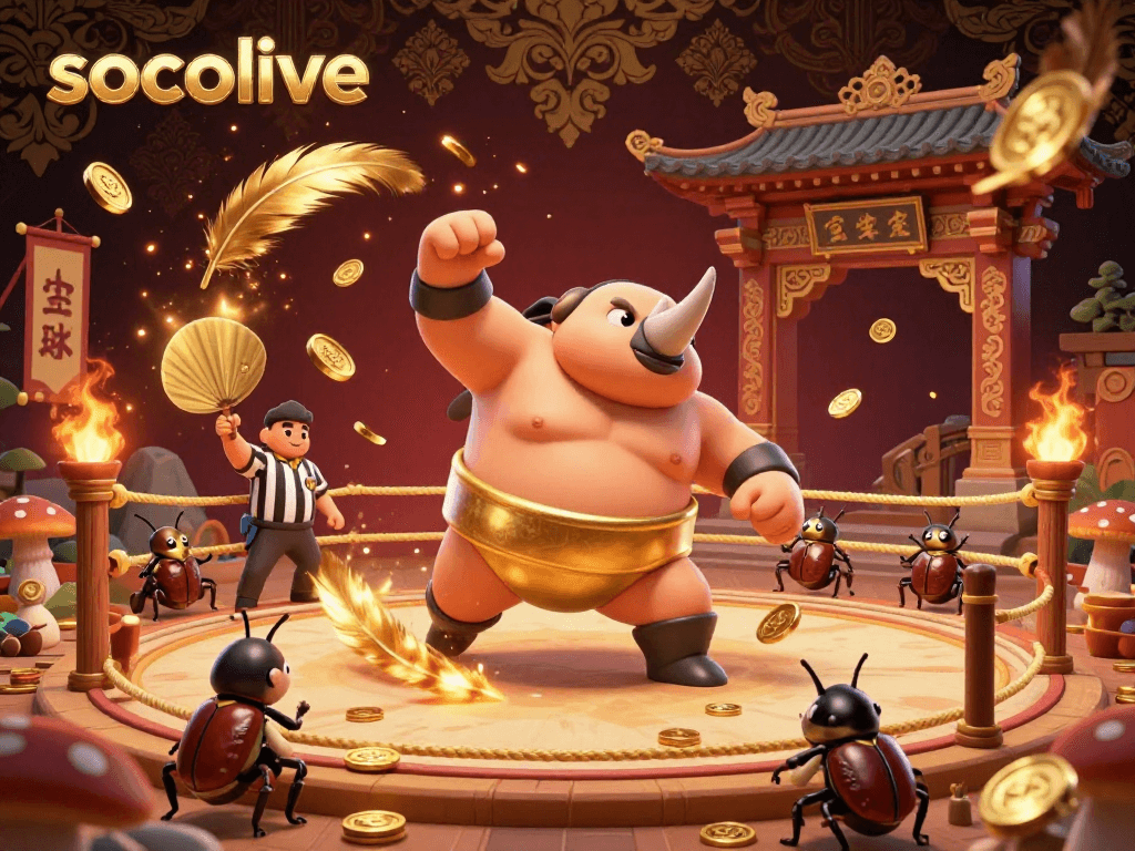 Socolive's dynamic sports betting scene with a beetle champion surrounded by golden coins and betting tokens.