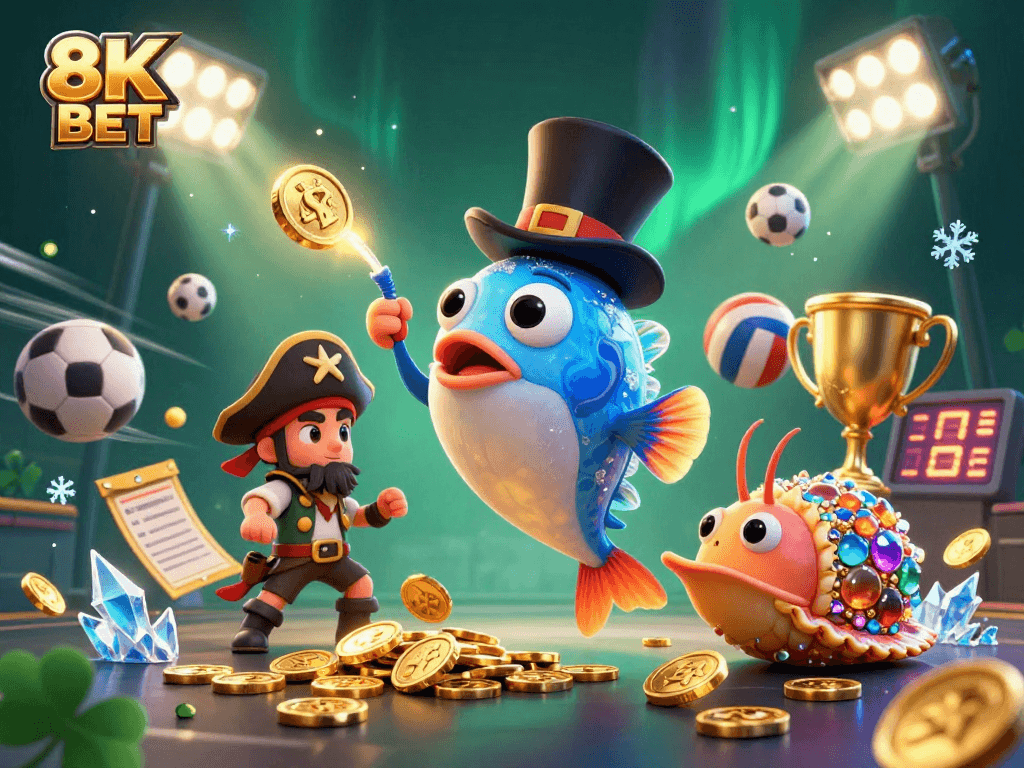 Experience thrilling wins with 8K BET featuring vibrant underwater characters and dynamic sports elements.