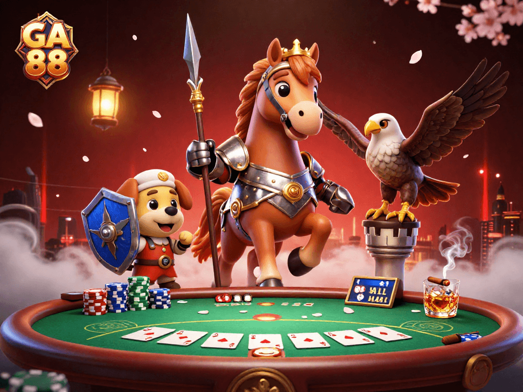 Engage in thrilling poker action with GA 88, featuring a medieval knight, squire puppy, and falcon.